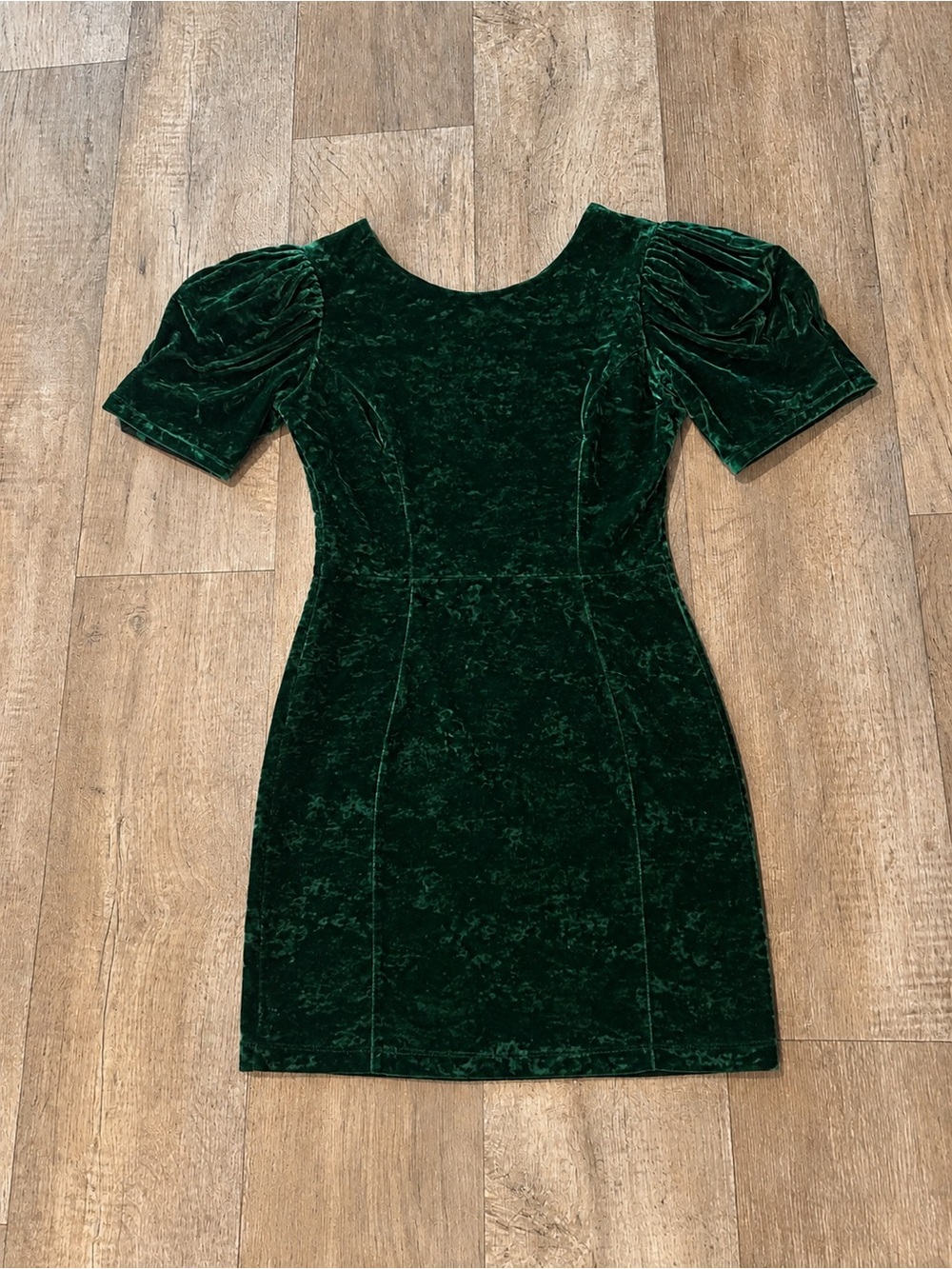 Vintage Emerald Green Velvet Puff-Sleeve Mini Dress Christmas Holiday Party